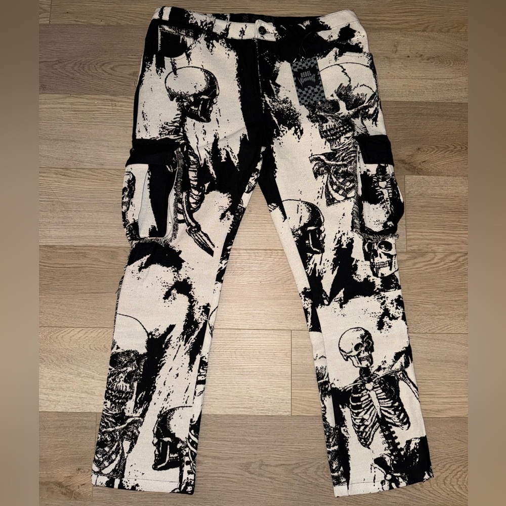 Skeleton Grunge Black/Ivory Tapestry Heavyweight Straight Cargo Pants 36x32 NEW🔥